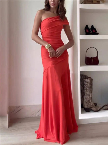Pure Color Asymmetrical Collar Bared Back Bodycon Dress Cross-Border 2025 Women's Fashion Sleeveless Long Evening Gown