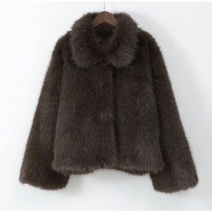 Lady Faux Fur Short Coat Women Lapel Hidden Button Full Sleeve Loose Warm Outwear 2025 New Winter Office Commute Overcoat New