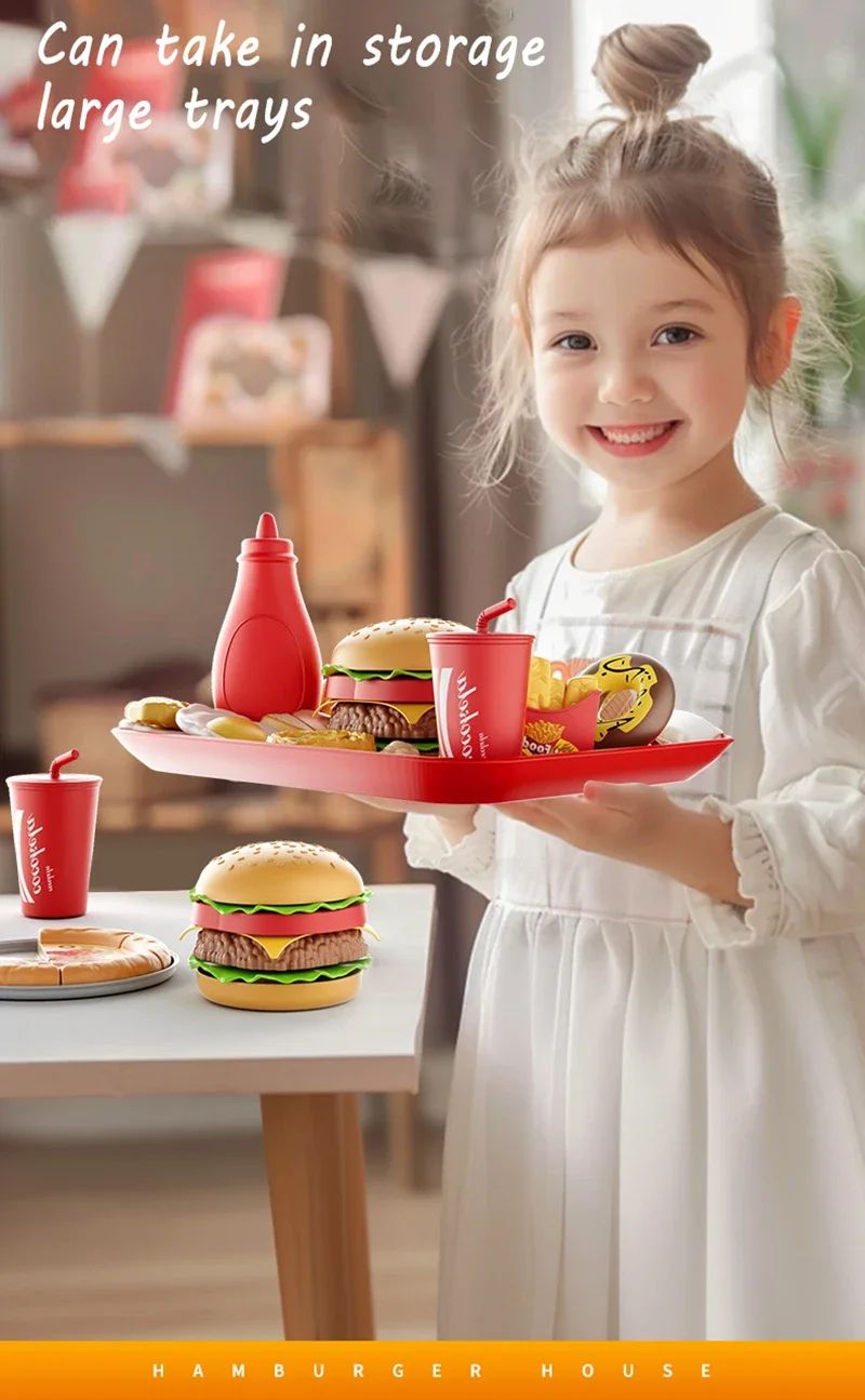 Conjunto de Brinquedos de Cozinha Infantil Simulação de Hambúrguer Pizza Batata Frita Brinquedo de Faz de Conta Comida Cozinha Jogo de Cortar Brinquedo Interativo Montessori Presente
