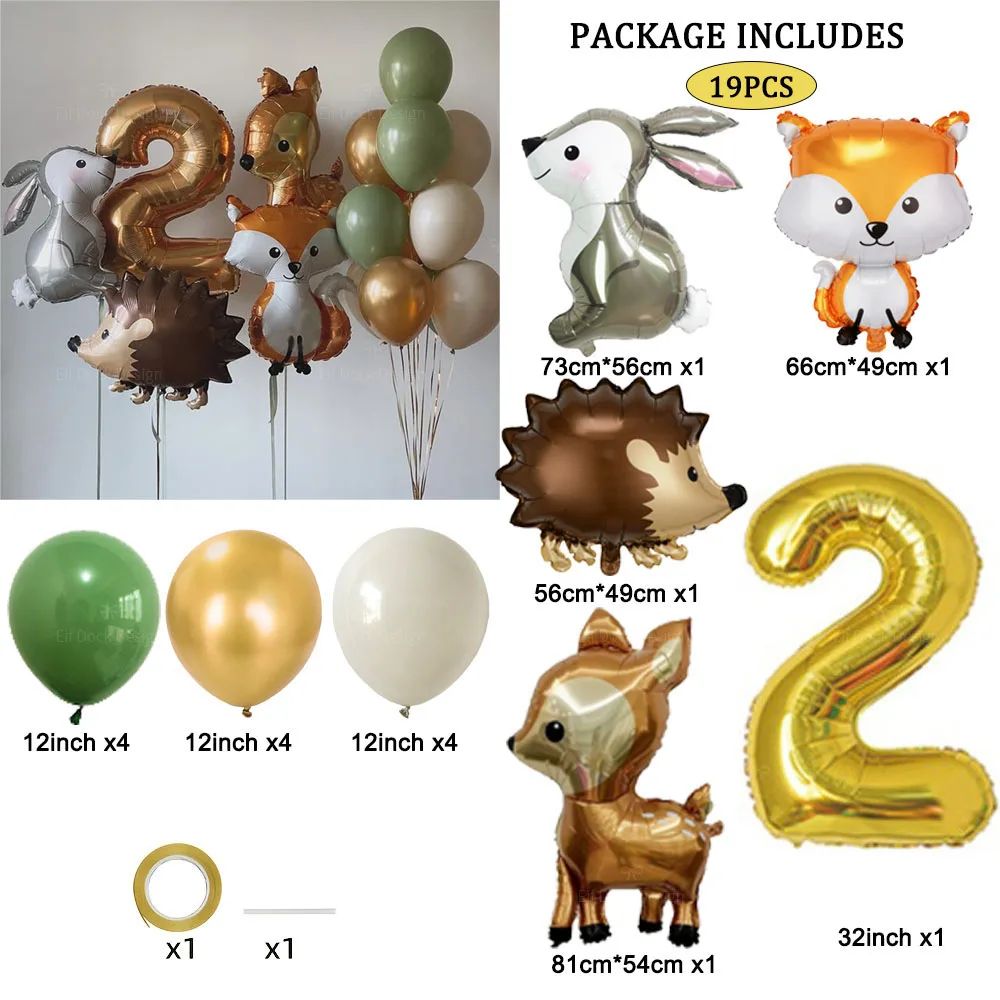 19pcs Hedgehog Deer Fox Rabbit Balloon Set Gold Number Balloon Woodland Animal Happy Birthday Party Decorations