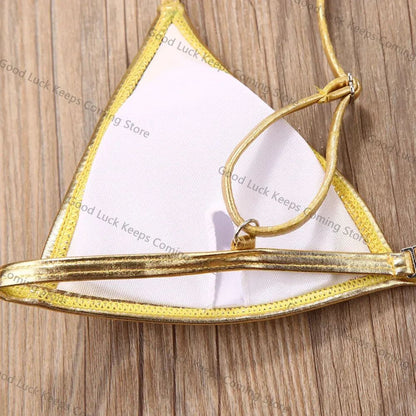 Women Sexy Thong Bikini Set Silver Gold Sequinis Biquini Swimwear 2025 Summer Push Up Padded Bra Bathing Suit Beach Wear