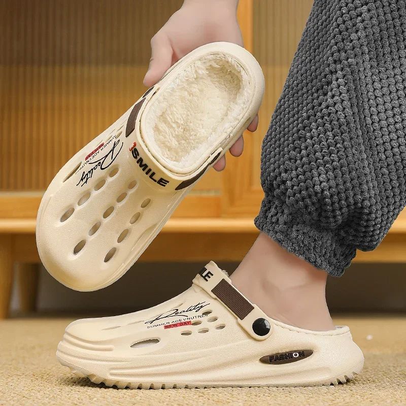 Men Cotton Slippers Winter Warm Furry Clogs Soft Indoor Bedroom Cotton Shoes EVA Fluff Slides Casual Comfortable Plush