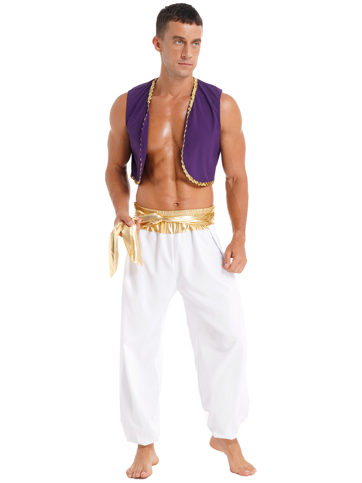 Aladin Costume Men Arabian Prince Cosplay Dress Up Waistcoat Top Harem Pants Suit Halloween Theme Party Carnival Stage Outfits