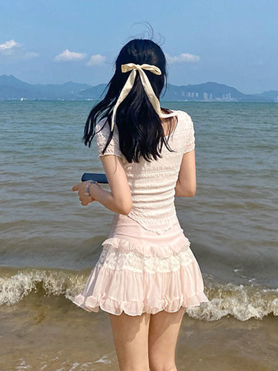 Women Ruffle Hem Skirts Summer Mini A-Line Skirts Fashion High Waist Lace Y2K Students Casual Summer Pink Skirts Outfits