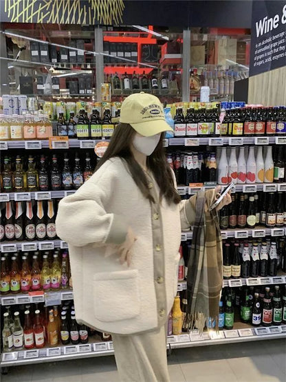 2024 Winter New Women's Lamb Wool Jacket Petite Loose-Fit Thickened Integrated Deer Skin Fleece Medium-Length Korean Style