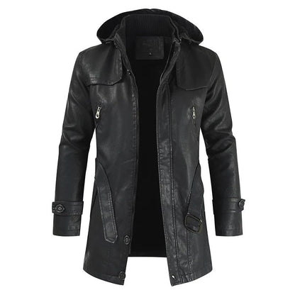 Winter Men's Leather Motorcycle Leather Korean Fashion Jacket Coat Windproof Clothes Men's Hooded Medium Long Windbreaker Coats
