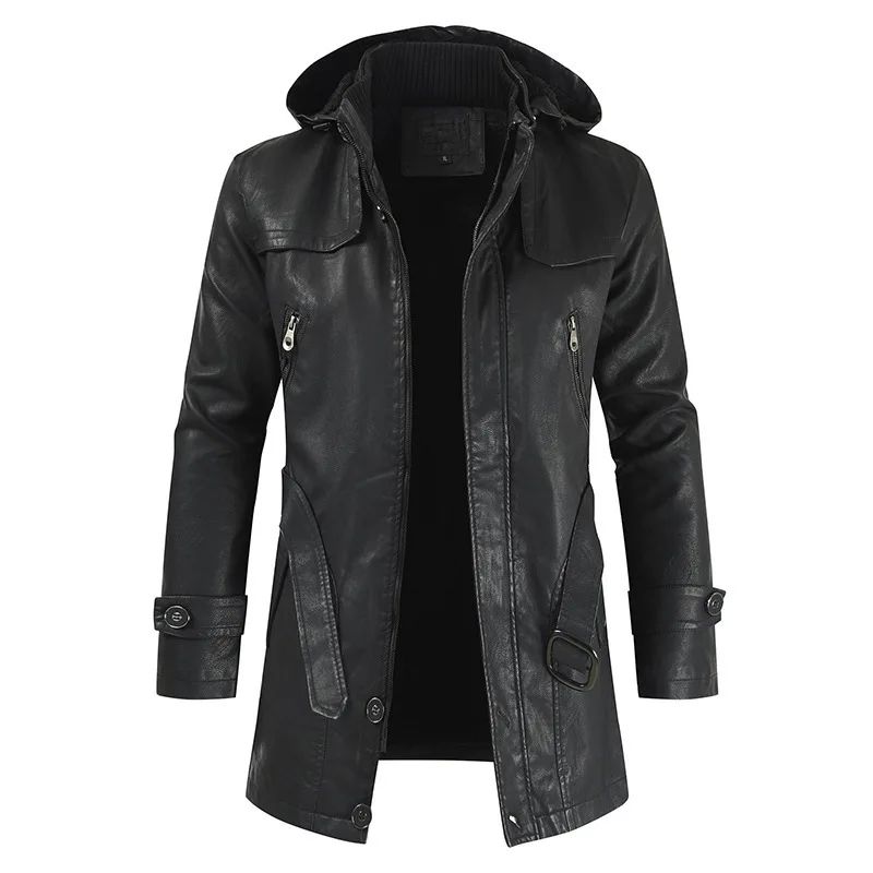 Winter Men's Leather Motorcycle Leather Korean Fashion Jacket Coat Windproof Clothes Men's Hooded Medium Long Windbreaker Coats