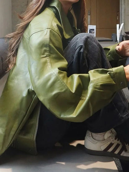 Olive Green Leather Jacket Coat Silhouette Vintage High Street Trend Zipper Lapel Short Overcoat Loose Casual Top Outwear Autumn