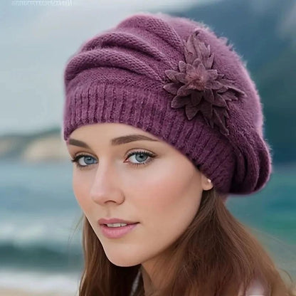 Women's Winter Flower Decorated Hat - Warm Knitted Wool Beanie with Floral Design, Soft Breathable Natural Material for Mom