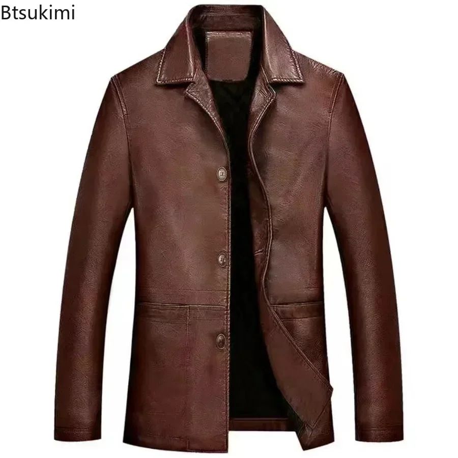 2025 Men's Soft PU Leather Jackets Business Office Coats Breathable Solid Male Faux Leather Jackets Warm Outerwear Plus Size 7XL