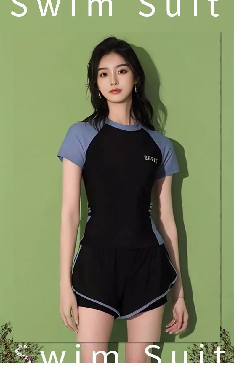 Sporty Two-Piece Swimsuit Short Sleeve plus Size Concealing Conservative Flat Footwear for Hot Springs Swimming Costume