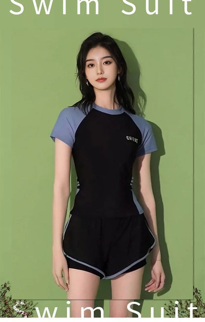 Sporty Two-Piece Swimsuit Short Sleeve plus Size Concealing Conservative Flat Footwear for Hot Springs Swimming Costume