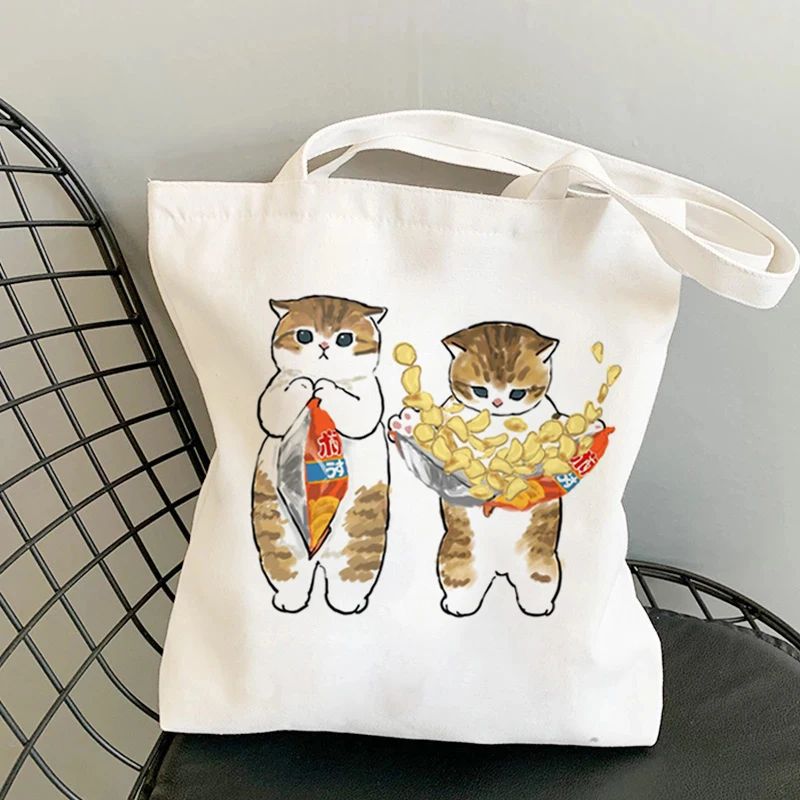 Kawaii Cats Manga Cartoon Reusable Tote Bag Women's High Capacity Versatile Canvas Shoulder Bag, Beach Shopper Handbag
