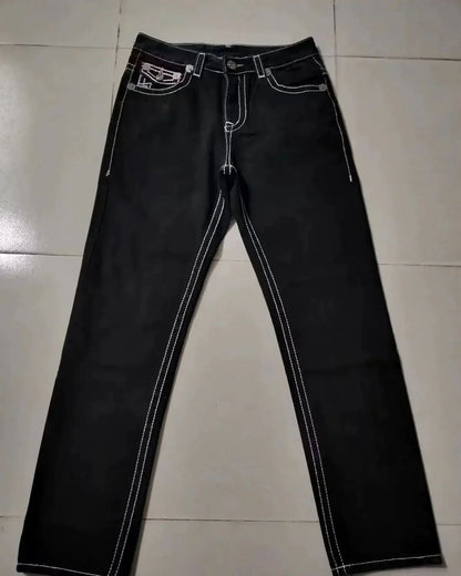 Vintage Y2k Buddha Embroidered Jeans for Men Clothing Casual High Street Straight and Versatile Men Jeans Baggy Men Pants