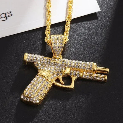 Pingente de Pistola com Gelo Cravejado Bling Colar de Metralhadora Masculino Personalidade Hip Hop Rock Punk Joia Legal para Festa de Rua Presente
