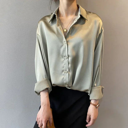 Fall Turn-down Collar Elegant Satin Loose Women Shirt 2025 Plus Size Blouse Autumn Vintage Casual Button Silk Tops