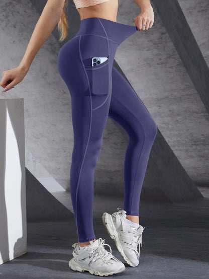 New High Waist Women's Leggings Stretch Yoga Pants Tights With Pockets Push Up Fitness Running Sportswear Solid Color Pants