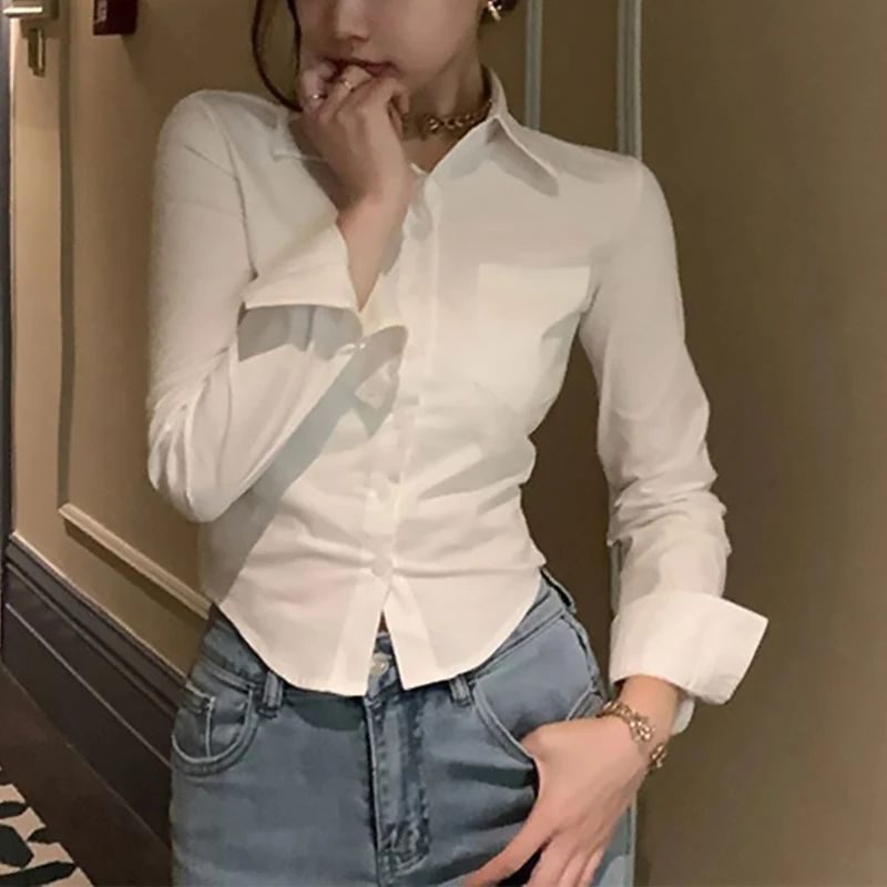 Korean White Office Women Chiffon Shirt Pocket Button Lapel Ladies Blouse Spring Commuter Long Sleeve New Female Crop Tops