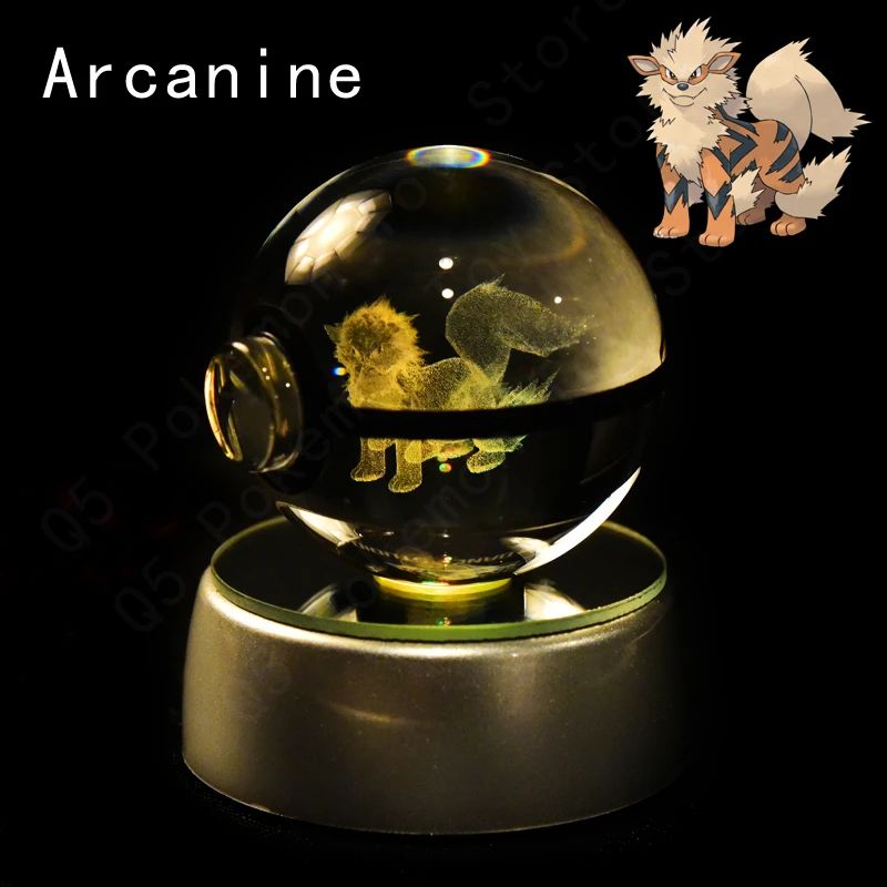 Esfera de Cristal 3D Pokémon 7CM 5CM Mewtwo Pikachu Gengar Bola de Cristal de Vidro Pokémon Pokebola Luminária Noturna LED com Base de Presente