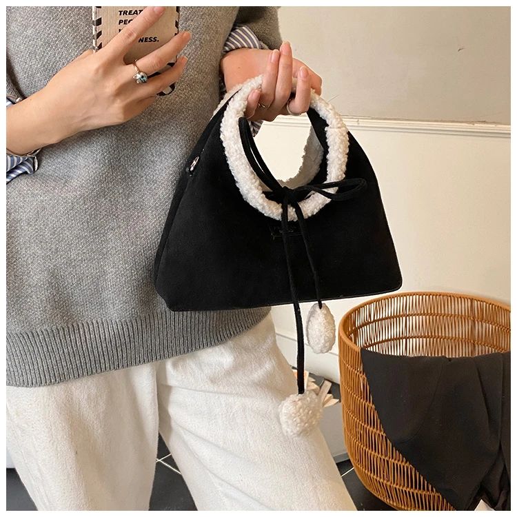 Faux Suede Solid Color Bow Hairy Cute Women's Handbags Christmas Gift Giving Fashion Bags 2025 Autumn/winter New Shoulder Bags