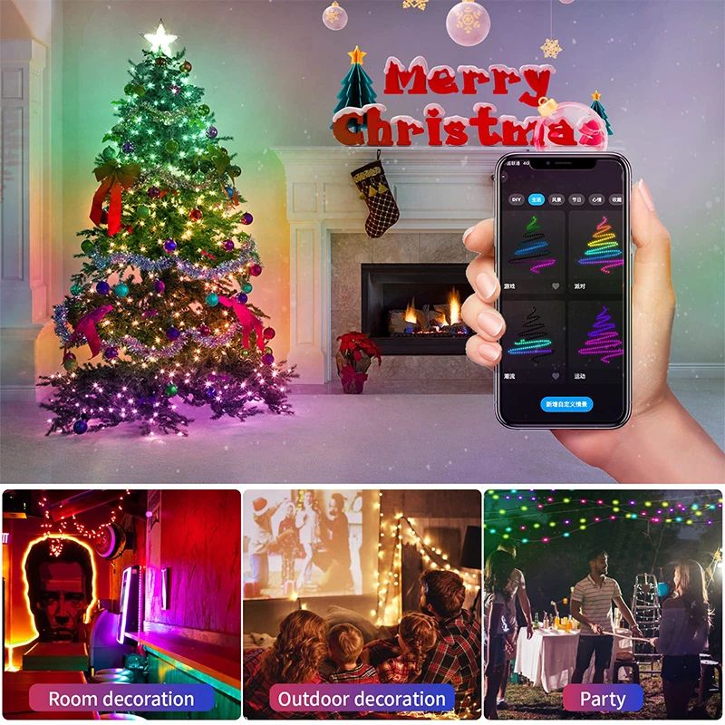 USB RGBIC LED Fairy Lights WS2812B Bluetooth Smart Control Dream Color Music Sync Waterproof Garland Holiday Wedding Decor Lamp