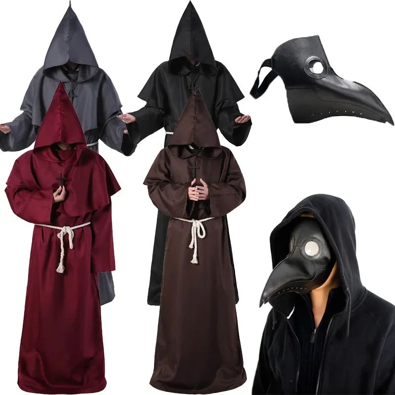 Retro Priest Robe Halloween Cosplay Costume Wizard Fancy Punk Cloak Mask Medieval Monk Robe Hooded Monk Cowl
