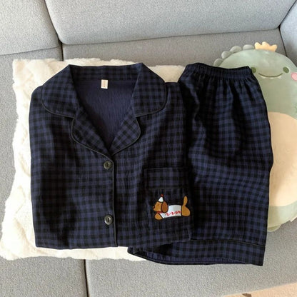 Embroidery Dog Sleepwear Fashion Cute Pajamas Set for Women Plaid Lapel Elastic Waist Design Pajamas Short Casual Nightwear