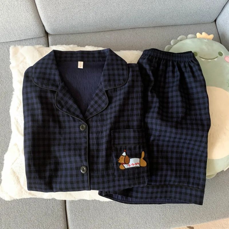 Embroidery Dog Sleepwear Fashion Cute Pajamas Set for Women Plaid Lapel Elastic Waist Design Pajamas Short Casual Nightwear