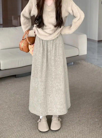 Plus Size Women's Fleece-Lined Thickened Skirt High-Waisted Slimming Medium-Length A- Line Korean Style New Arrival For Autumn/W