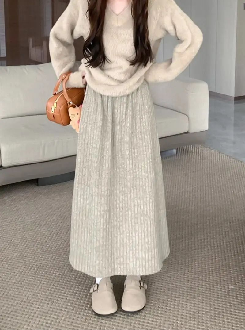 Plus Size Women's Fleece-Lined Thickened Skirt High-Waisted Slimming Medium-Length A- Line Korean Style New Arrival For Autumn/W
