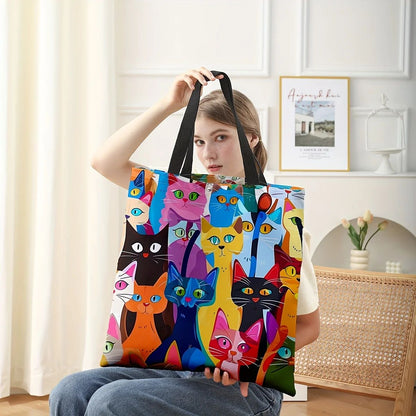 Bolsa Casual Estampada Gatinho Colorido, Mochila Reutilizável da Moda, Bolsa Multifuncional, Sacola de Compras Estampada 40x40cm