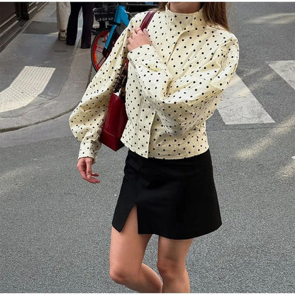 Polka Dot Stand Neck Short Jackets Women Fashion Long Sleeve Patchwork Contrast Slim Coats Casual Lady Street Commute Outerwear
