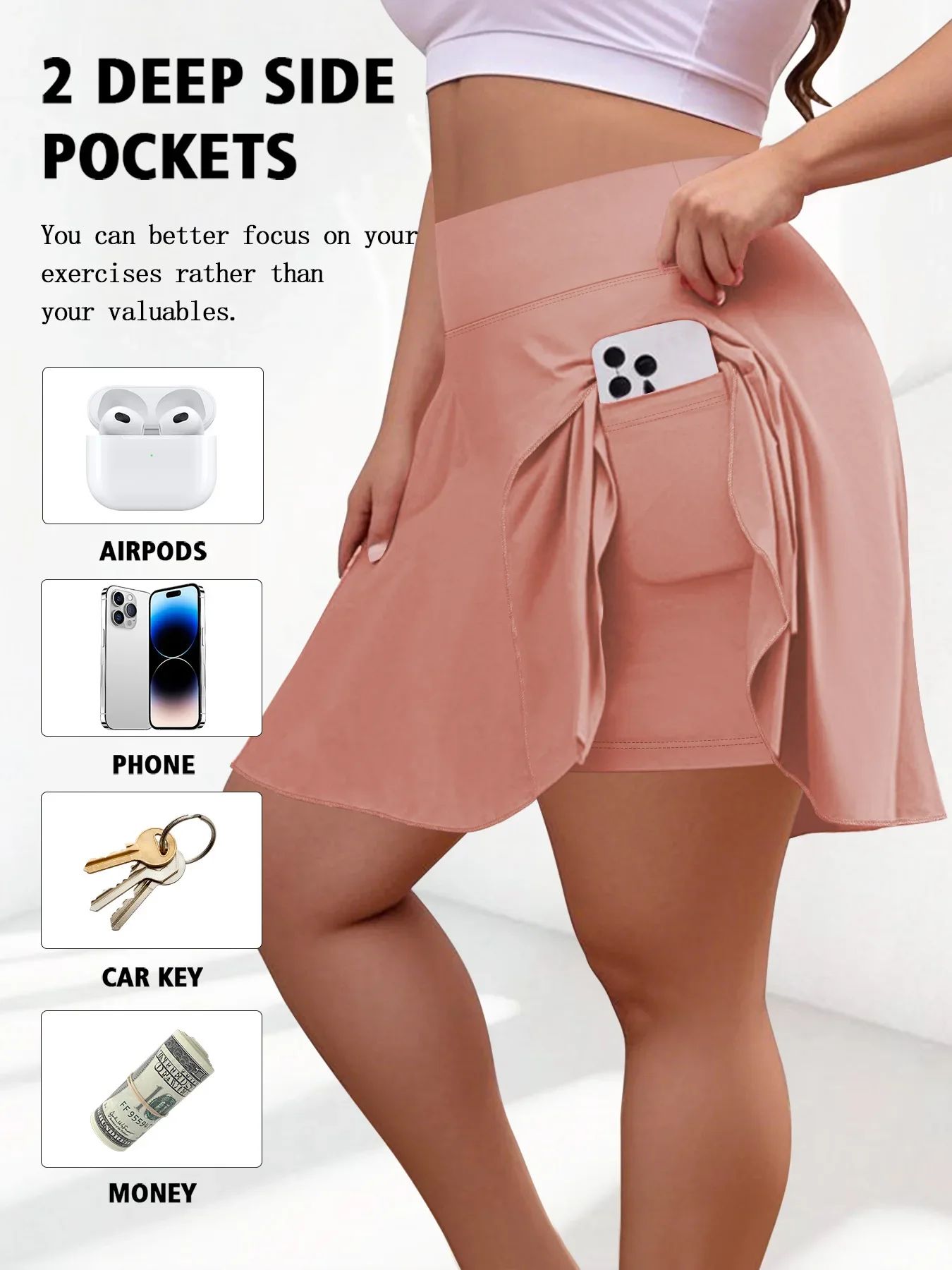 Plus Size Women with Pocket Short Skirt Fitness Short Skirt High Waist Fashion 200lbs Sports Short Skirt Gym Outdoor Solid Skirt