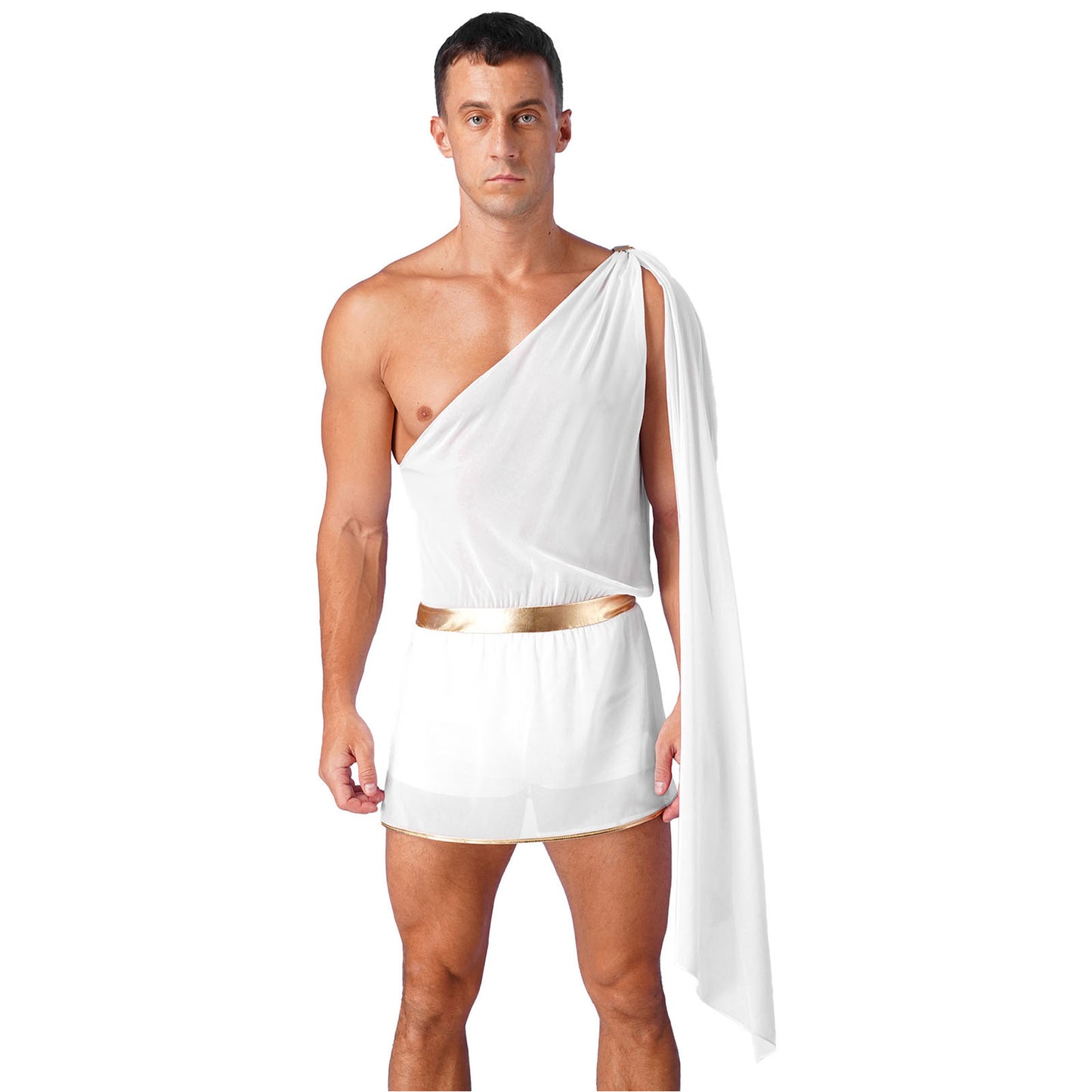 Greek God Costume White Men Mr Toga Cosplay Costumes One Shoulder with Slit Skirts Tunic Jumpsuit Nightclub Carnival Dress Up