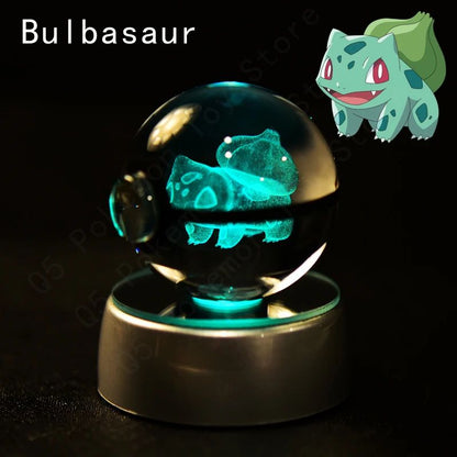 Esfera de Cristal 3D Pokémon 7CM 5CM Mewtwo Pikachu Gengar Bola de Cristal de Vidro Pokémon Pokebola Luminária Noturna LED com Base de Presente