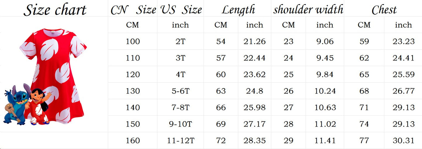 Disney Lilo Costume Girl Cosplay Red Dress Short Sleeve Pajamas Hawaiian Printed Dress Summer Beach Outfit + Stitch Doll Set