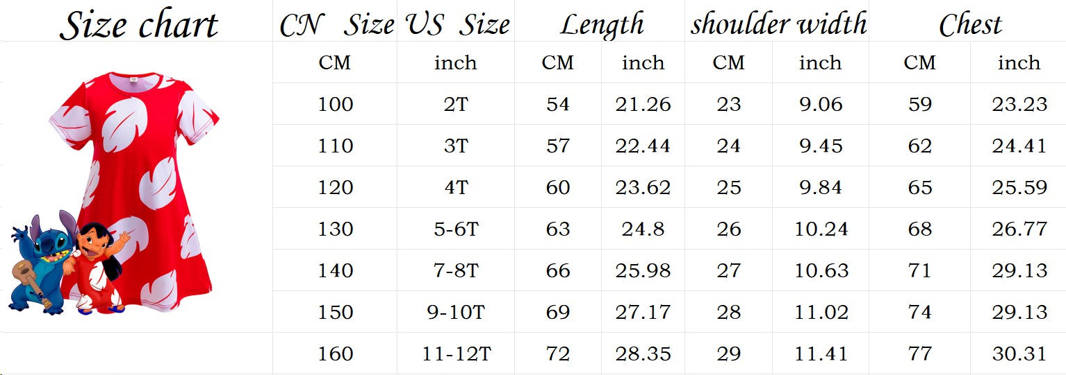 Disney Lilo Costume Girl Cosplay Red Dress Short Sleeve Pajamas Hawaiian Printed Dress Summer Beach Outfit + Stitch Doll Set
