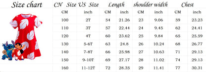 Disney Lilo Costume Girl Cosplay Red Dress Short Sleeve Pajamas Hawaiian Printed Dress Summer Beach Outfit + Stitch Doll Set