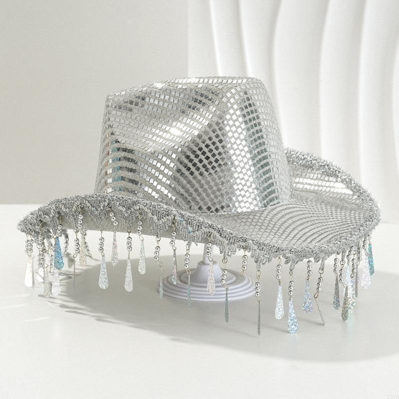 L5YA Eye-catching Panama Hat Studded Mirrored Party Hat for Women Halloween Costume Decorative Raindrop Tassels