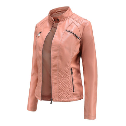 2025 Autumn Women's Black Moto Biker Zipper Jacket, Red Apricot Coffee PU Coat, Light Purple Outerwear.