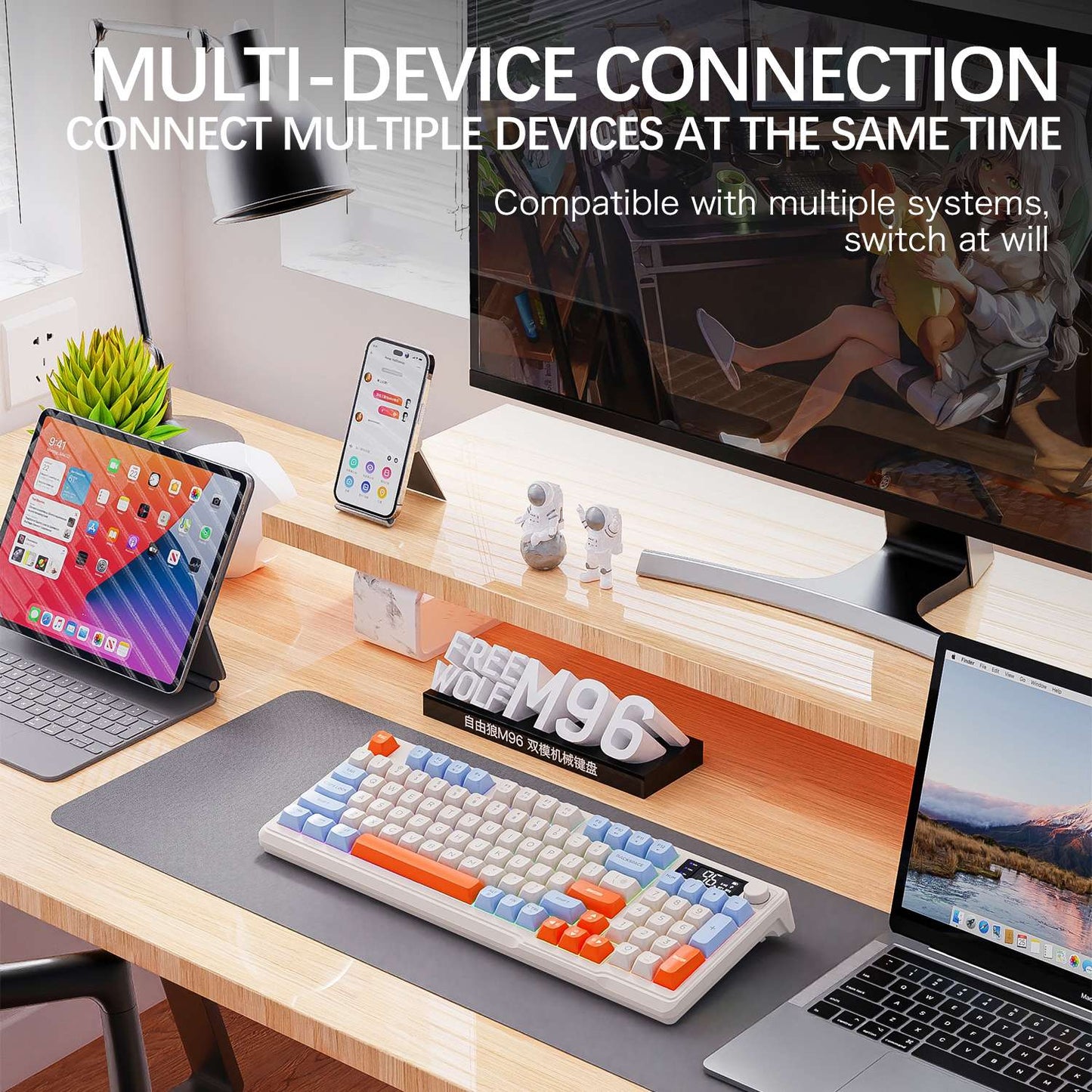 Teclado Gamer Sem Fio M96 Bluetooth FREEWOLF com Tela, Tela Eletrônica, Conexão Multi-Dispositivo, Ergonomia Gamer