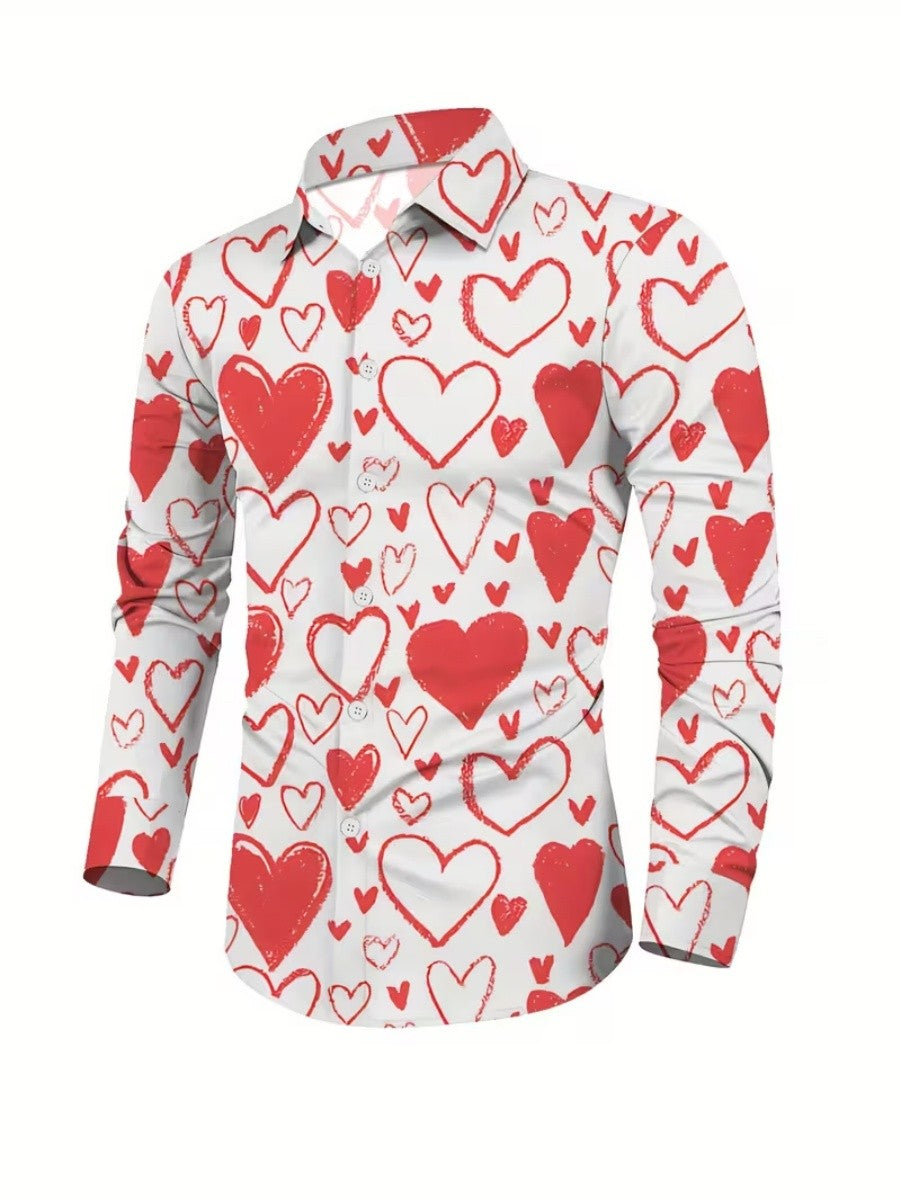 New men's long-sleeved heart-pattern single-button shirt - suitable for formal parties, dates, daily wear. Quick delivery.