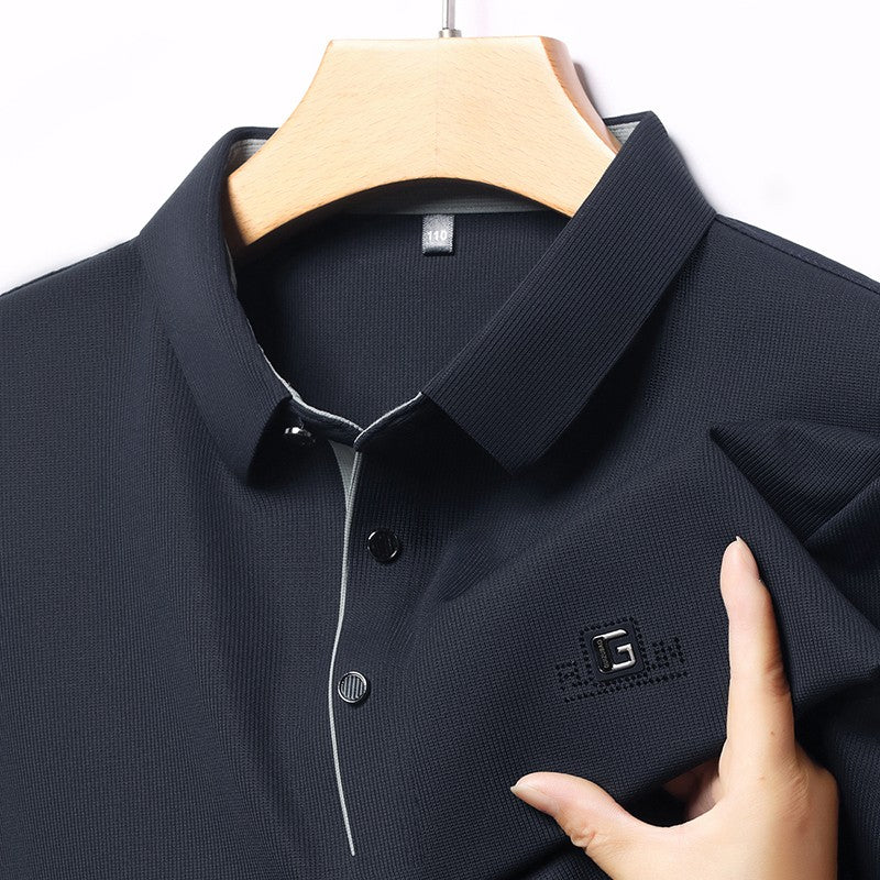 New Men's Business Casual Long Sleeved Shirt with Badge Solid Color Polo Shirt Fashionable Breathable Comfortable Versatile Top