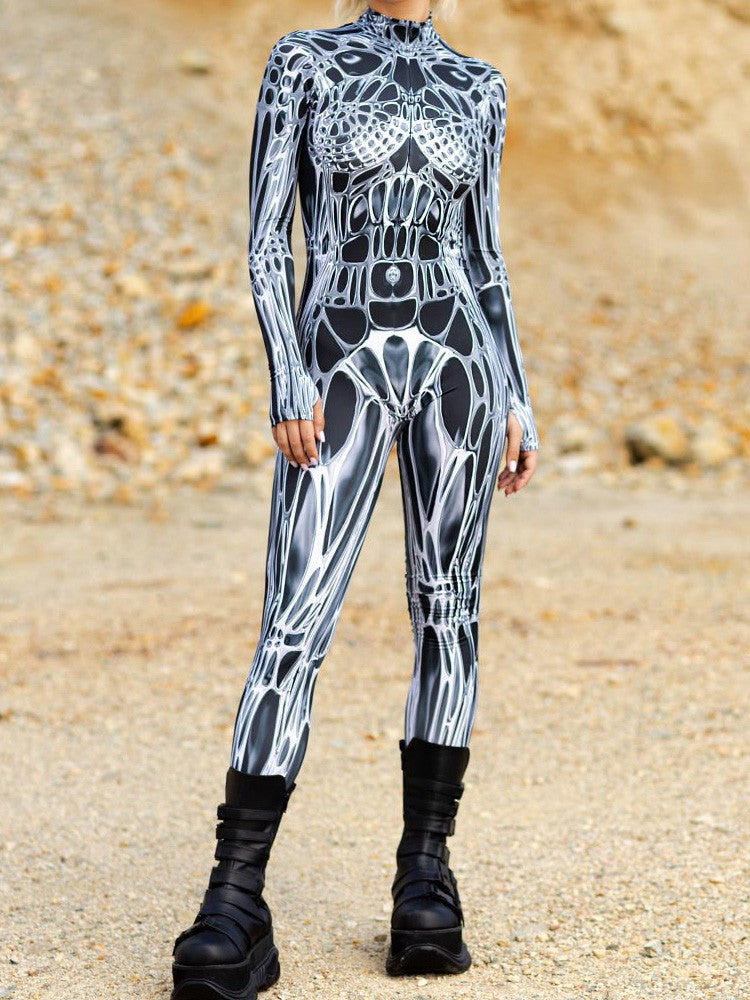 Unisex Sexy Black White Graphic Print Jumpsuit Halloween Line Art Muscle Cosplay Bodysuit Holiday Party Zentai Suit Rave Catsuit