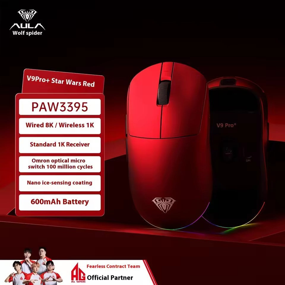 Mouse Gamer sem Fio Aula V9 Ultra E-sports Duplo 8k 3 modos PAW 3950 8k 55g Leve Ergonômico Acessório Personalizado para PC