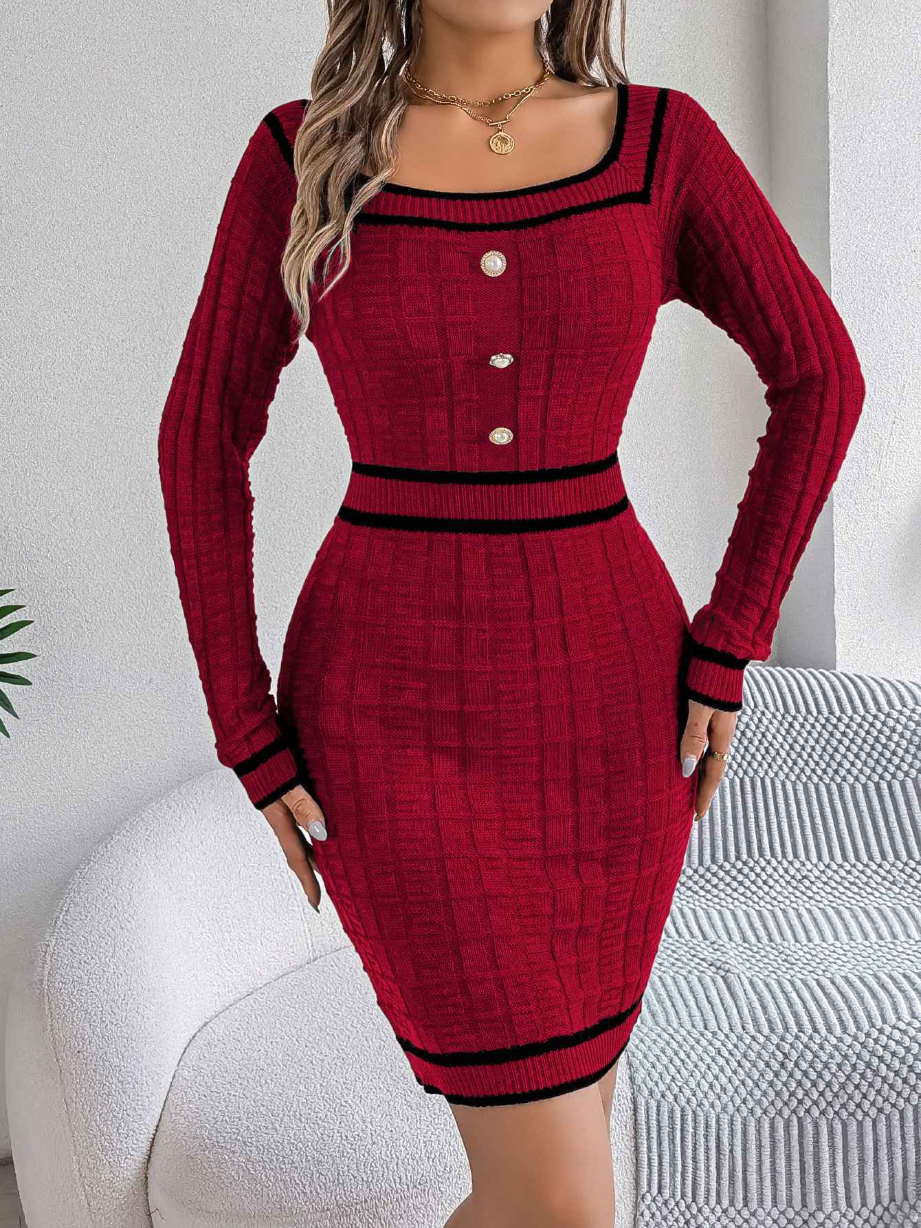 VigoCasey 2025 Women Blue Bodycon Knit Dress Autumn Winter Casual Long Sleeve Dress Lady Casual Square Neck Knitted Dresses