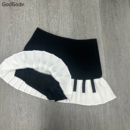 Spring Black White Spliced Women Short Skirt 2025 Y2k Slim Design Harajuku Mini