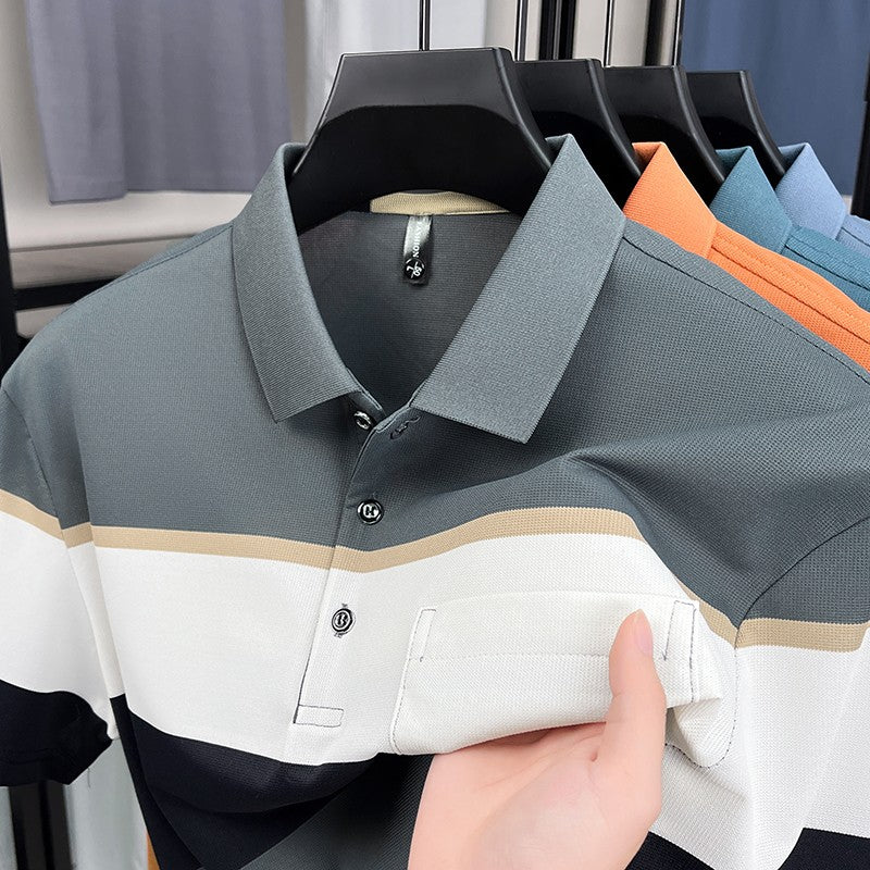 High-quality short sleeve polo shirt men fashion color striped pocket design summer new breathable trendy casual lapel T-shirt