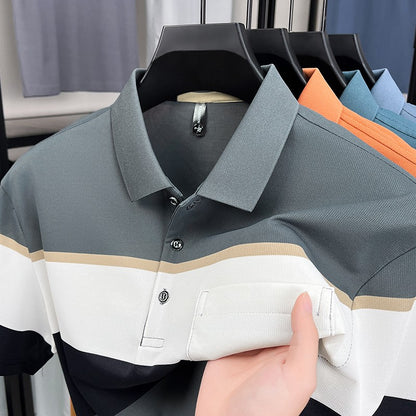High-quality short sleeve polo shirt men fashion color striped pocket design summer new breathable trendy casual lapel T-shirt