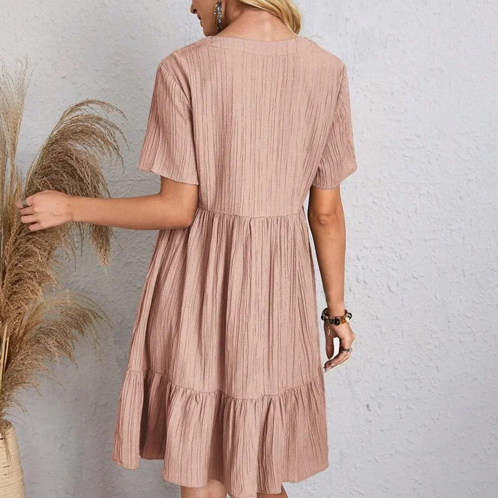 Women Summer Peplum Dresses Spring V-Neck Short Sleeve Loose Waist Ruffle Fit Fl